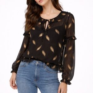 The Kooples Sheer Black Gold Feather Blouse Ruffle Boho Romantic Top Size S
